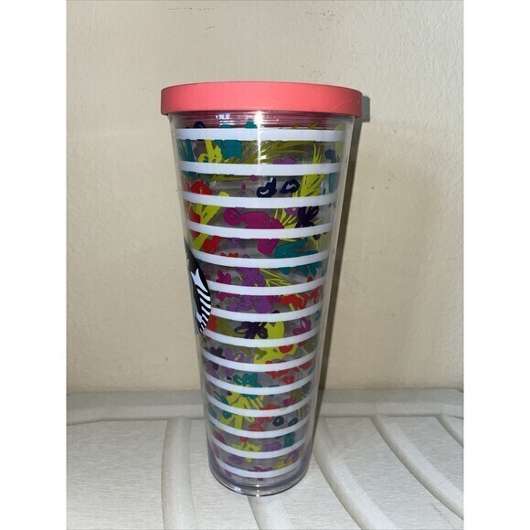 Starbucks Floral Stripes Bright Flowers‎ Cold Cup Tumbler No Straw 24 oz - Picture 2 of 8